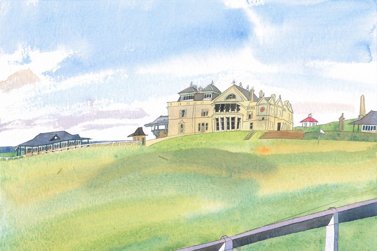 A watercolour painting of the R&A Clubhouse