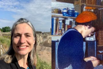 A split image featuring a woman by the beach on the left and a student in the 1980s on the right