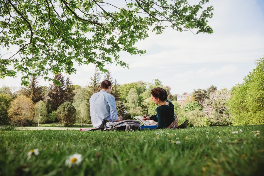 Image taken from behind Ewan and Karlee, they can be seen to be sitting on the grass on Hallow Hill. Karlee is sketching in a notebook - the background is full of trees with green leaves. 