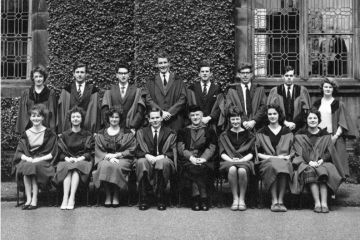 A black and white photograph from the 1960s featuring students in gowns, members of the University of St Andrews' Madrigal Group.