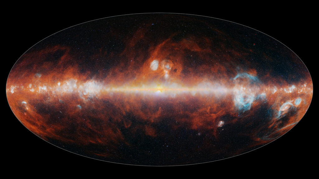 NASA’s SPHEREx Observatory has mapped the entire sky in 102 infrared colors, as seen here in this image released on 18 December 2025. This image features a selection of colours emitted primarily by stars (blue, green, and white), hot hydrogen gas (blue), and cosmic dust (red).