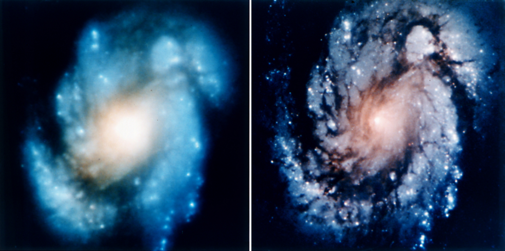 A Hubble image of the galaxy M100 taken with the WFPC1 camera and aberrated Hubble telescope optics.  During SM1, astronauts installed the WFPC2 camera with corrective optics to compensate for the mirror flaw. The image shows the same image of M100 with the HST’s imaging performance restored.