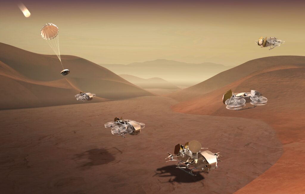 The Dragonfly rotorcraft lander, shown here in an artist's rendering of the mission concept, will land on Saturn's moon Titan and then make multiple flights to explore diverse locations as it characterizes the habitability of the ocean world's environment.