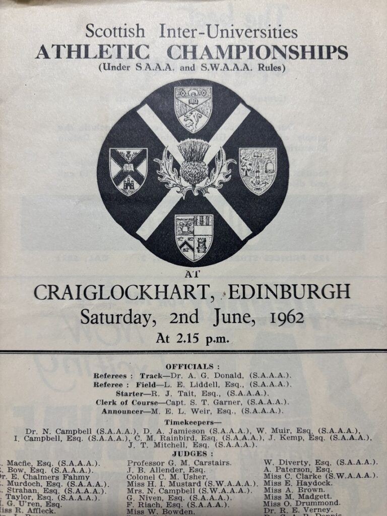 An archive scan of a university athletics meet sheet from 1962
