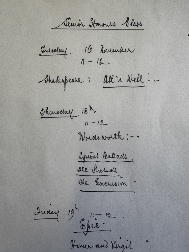 A handwritten note from 1972 outlining a typical Senior Honours weekly programme in English at the University of St Andrews