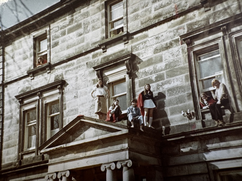 A 1971 photograph showing female students on the roof of a hall of residence