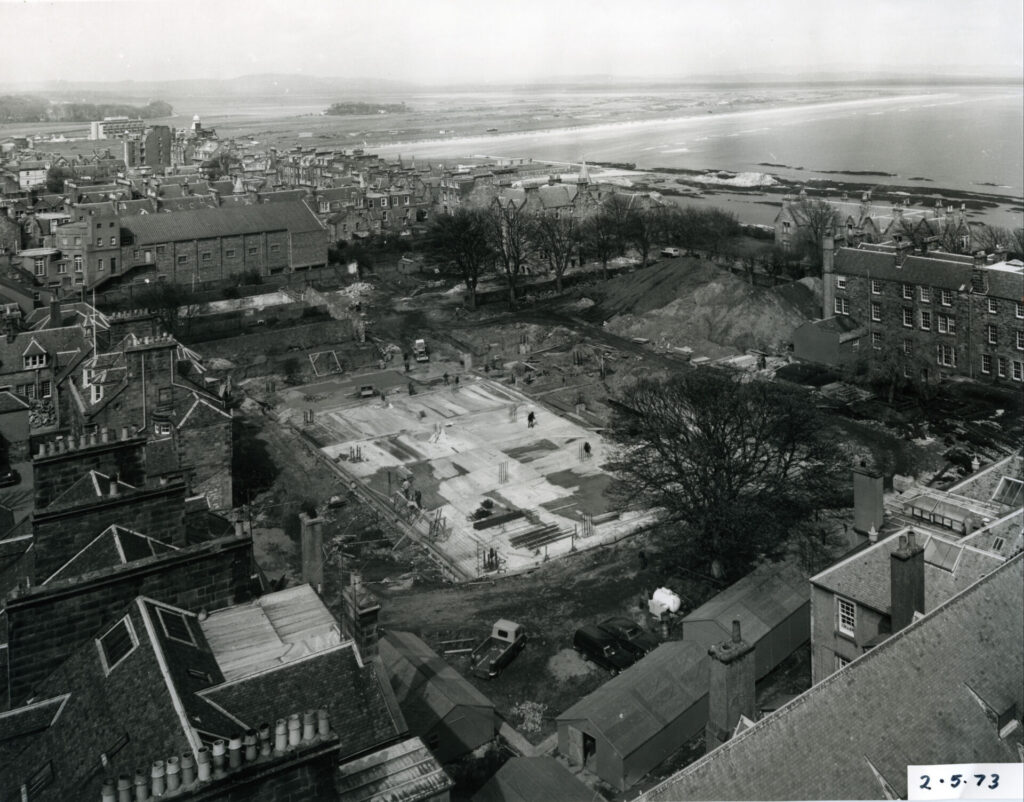 Black and white overhead shot of empty site prior to the building of the Main Library