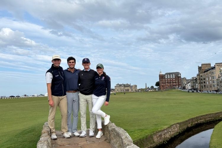 Winston, second from left, with some of his Saints Golf teammates on the Swilcan Bridge
