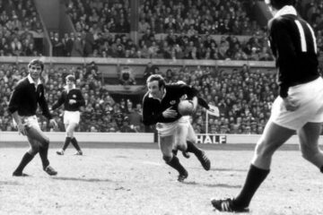 A black and white photograph showing rugby in pay in the early 1970s